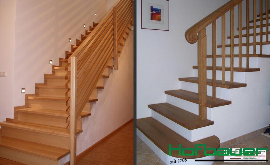 Betontreppe in hellem Massivholz mit einer Treppenbeleuchtung sowie einem passendem Treppengeländer