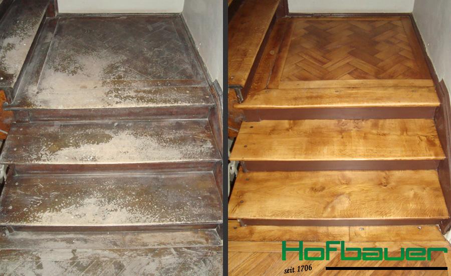 Nahaufnahme einer dunklen Massivholztreppe, sowohl vor als auch nach der Treppenoberflächensanierung