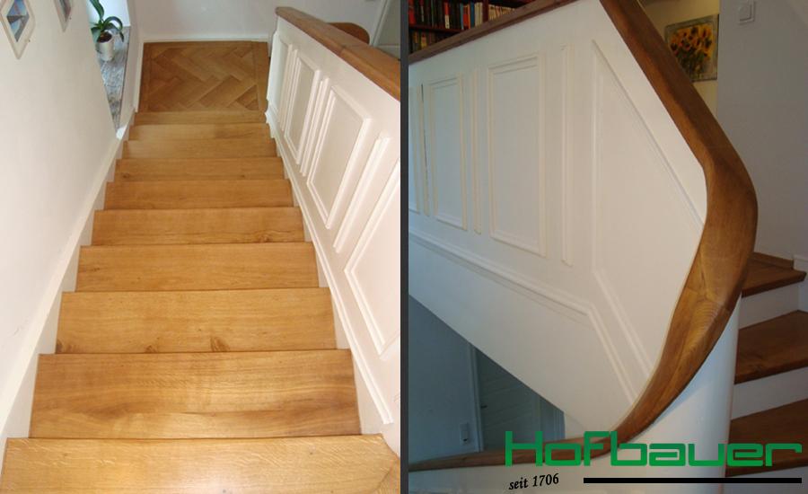 Moderne Massivholztreppe aus hellem Holz in Kombination mit einem weißen, geschlossenen Treppengeländer